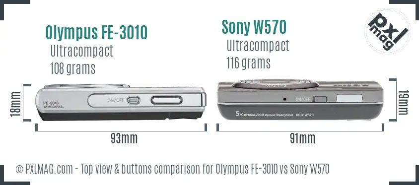 Olympus FE-3010 vs Sony W570 top view buttons comparison
