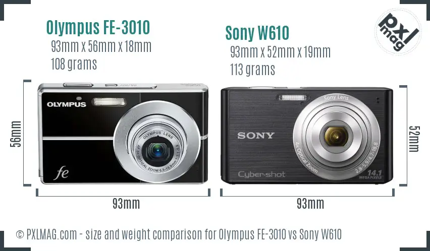 Olympus FE-3010 vs Sony W610 size comparison