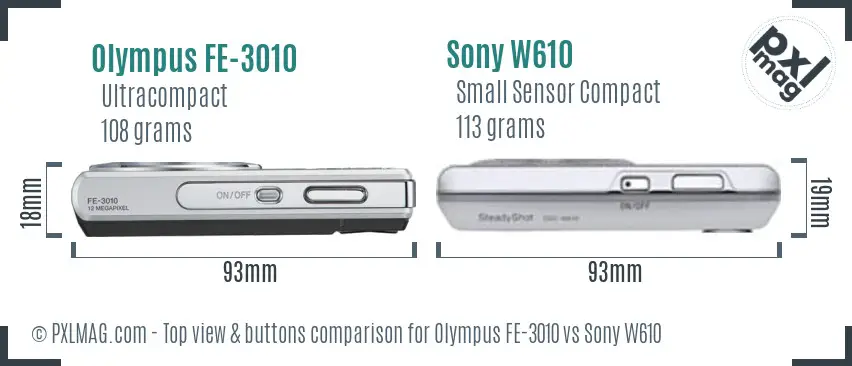 Olympus FE-3010 vs Sony W610 top view buttons comparison