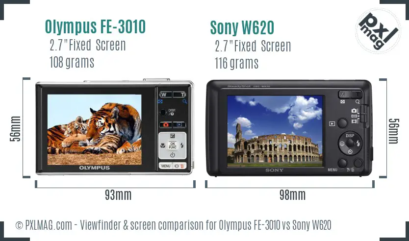 Olympus FE-3010 vs Sony W620 Screen and Viewfinder comparison