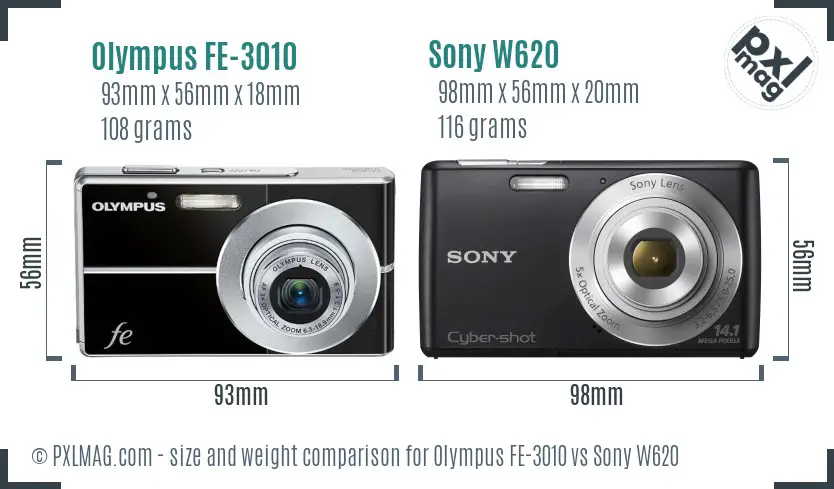 Olympus FE-3010 vs Sony W620 size comparison
