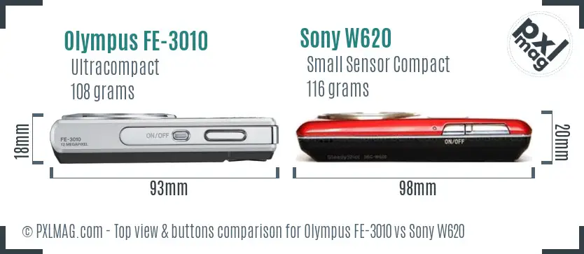 Olympus FE-3010 vs Sony W620 top view buttons comparison