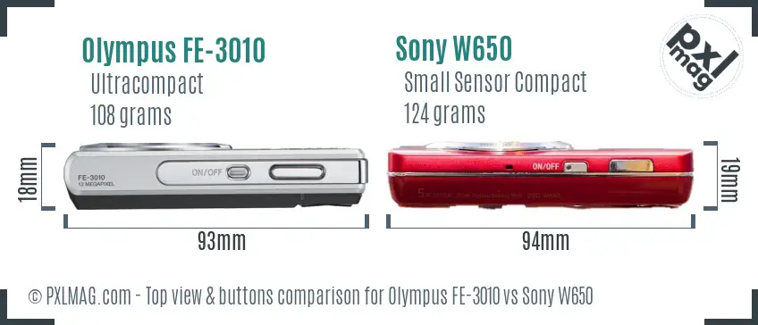 Olympus FE-3010 vs Sony W650 top view buttons comparison