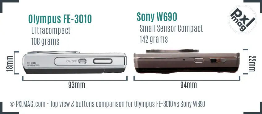 Olympus FE-3010 vs Sony W690 top view buttons comparison