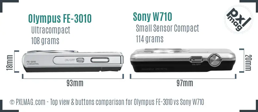 Olympus FE-3010 vs Sony W710 top view buttons comparison