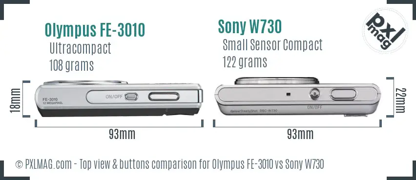 Olympus FE-3010 vs Sony W730 top view buttons comparison