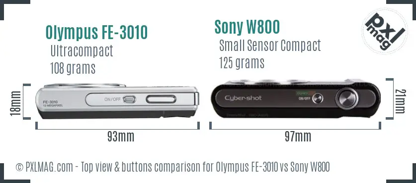 Olympus FE-3010 vs Sony W800 top view buttons comparison