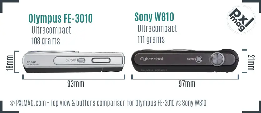 Olympus FE-3010 vs Sony W810 top view buttons comparison