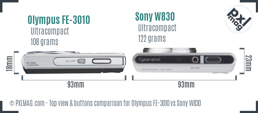 Olympus FE-3010 vs Sony W830 top view buttons comparison