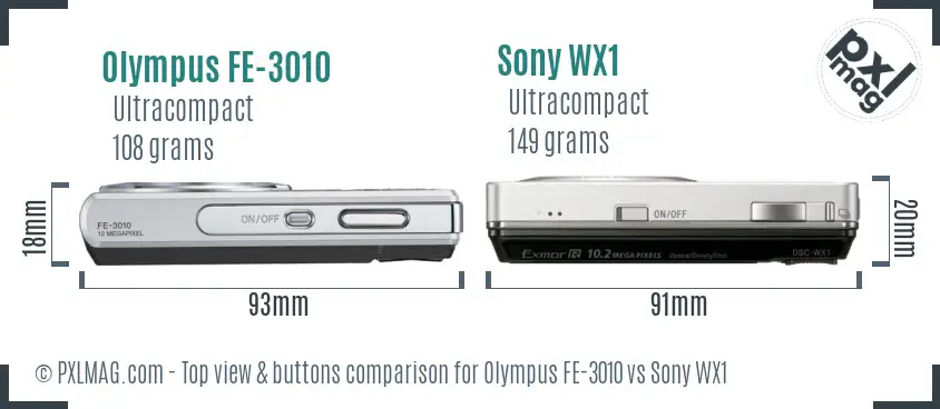Olympus FE-3010 vs Sony WX1 top view buttons comparison