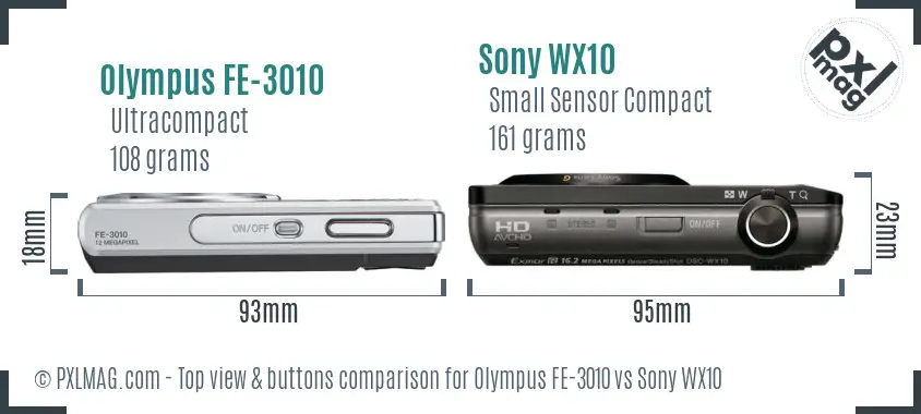 Olympus FE-3010 vs Sony WX10 top view buttons comparison