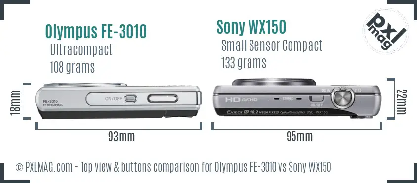Olympus FE-3010 vs Sony WX150 top view buttons comparison
