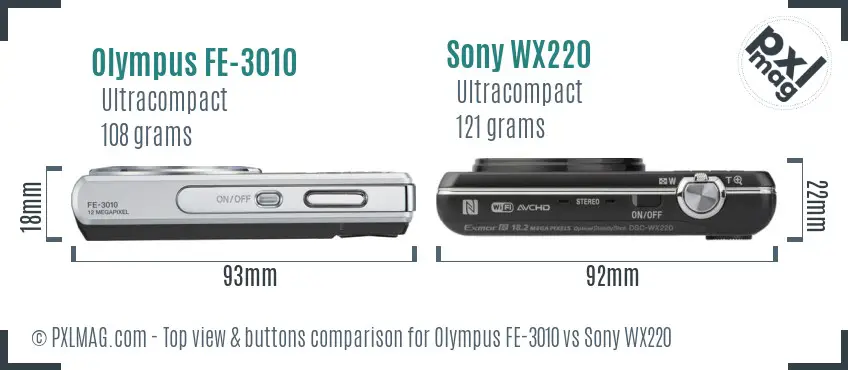 Olympus FE-3010 vs Sony WX220 top view buttons comparison