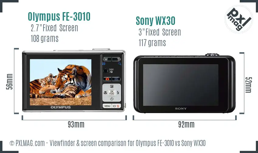 Olympus FE-3010 vs Sony WX30 Screen and Viewfinder comparison