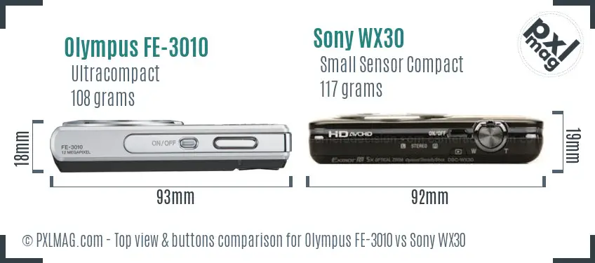Olympus FE-3010 vs Sony WX30 top view buttons comparison
