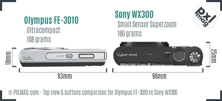 Olympus FE-3010 vs Sony WX300 top view buttons comparison