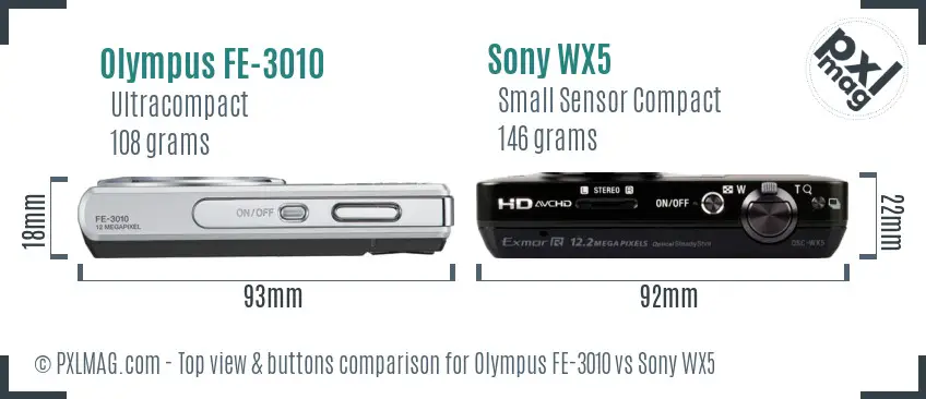 Olympus FE-3010 vs Sony WX5 top view buttons comparison