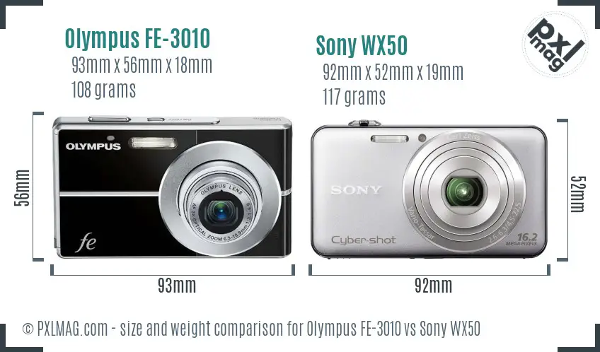 Olympus FE-3010 vs Sony WX50 size comparison