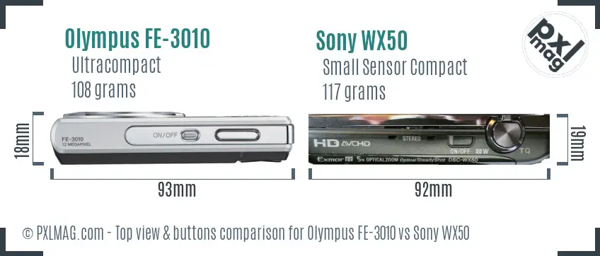 Olympus FE-3010 vs Sony WX50 top view buttons comparison