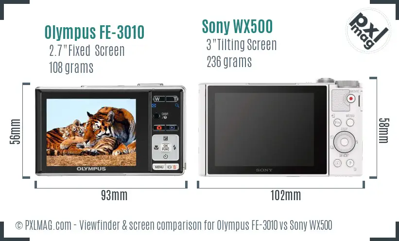 Olympus FE-3010 vs Sony WX500 Screen and Viewfinder comparison