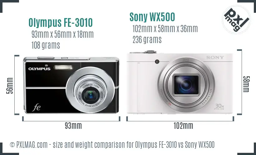 Olympus FE-3010 vs Sony WX500 size comparison