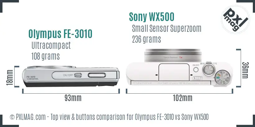 Olympus FE-3010 vs Sony WX500 top view buttons comparison