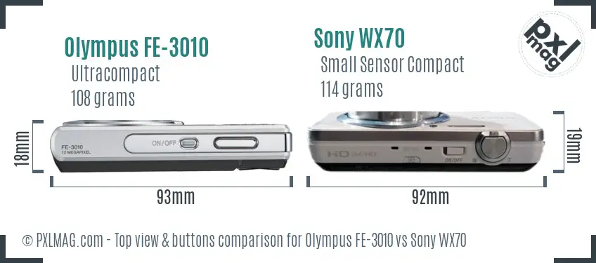 Olympus FE-3010 vs Sony WX70 top view buttons comparison