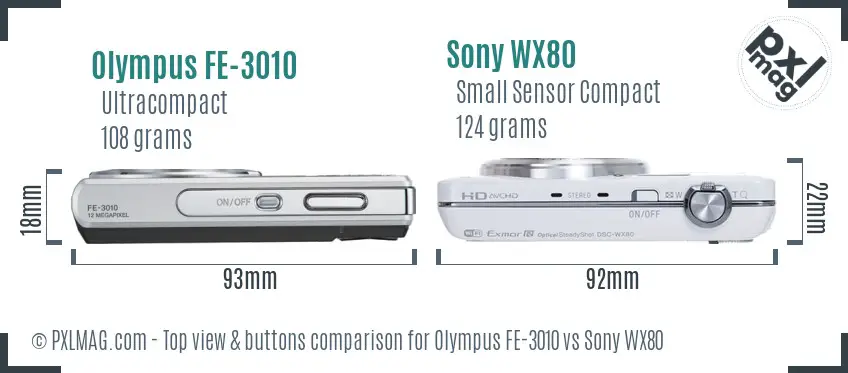 Olympus FE-3010 vs Sony WX80 top view buttons comparison