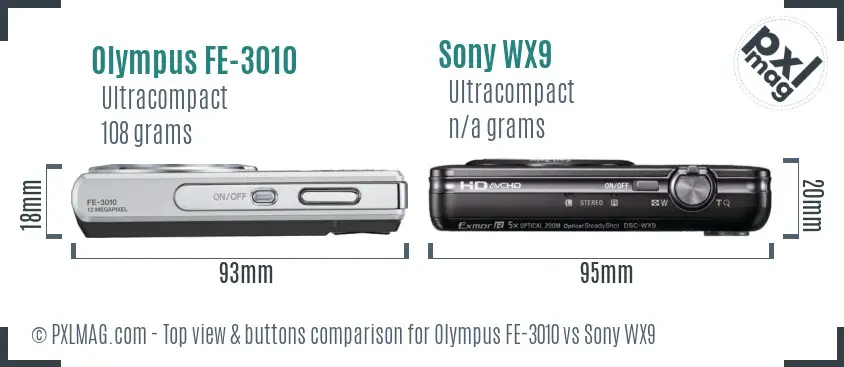 Olympus FE-3010 vs Sony WX9 top view buttons comparison