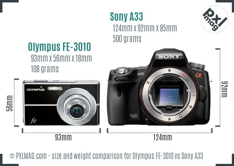 Olympus FE-3010 vs Sony A33 size comparison Olympus FE-3010 vs Sony A33 size comparison