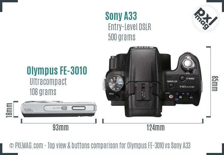 Olympus FE-3010 vs Sony A33 top view buttons comparison Olympus FE-3010 vs Sony A33 top view buttons comparison