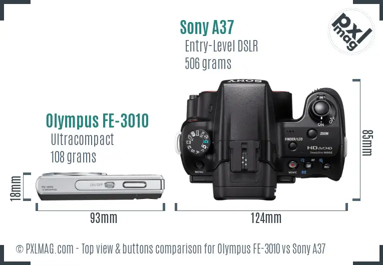 Olympus FE-3010 vs Sony A37 top view buttons comparison