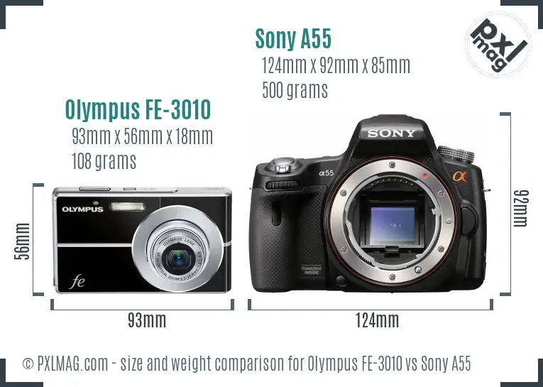 Olympus FE-3010 vs Sony A55 size comparison Olympus FE-3010 vs Sony A55 size comparison