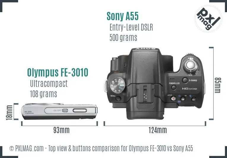 Olympus FE-3010 vs Sony A55 top view buttons comparison Olympus FE-3010 vs Sony A55 top view buttons comparison