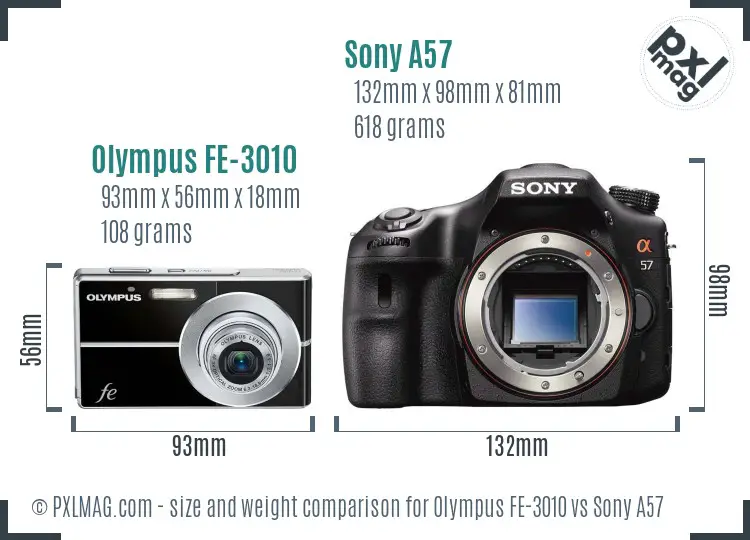 Olympus FE-3010 vs Sony A57 size comparison