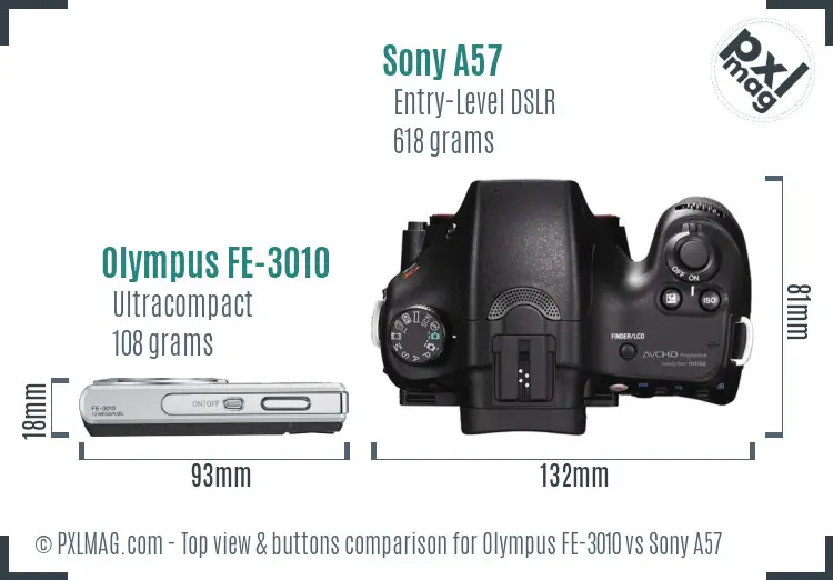 Olympus FE-3010 vs Sony A57 top view buttons comparison