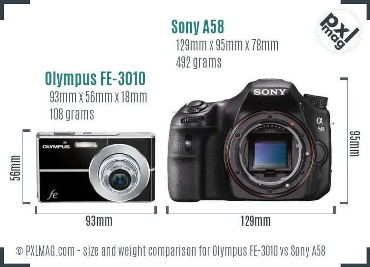 Olympus FE-3010 vs Sony A58 size comparison