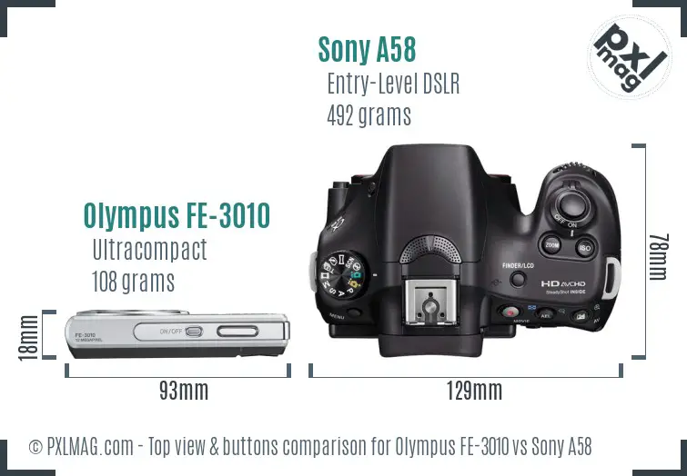 Olympus FE-3010 vs Sony A58 top view buttons comparison