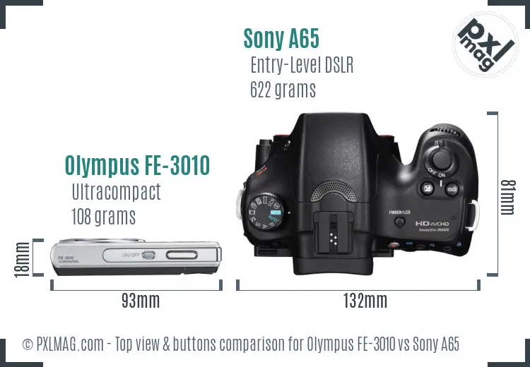 Olympus FE-3010 vs Sony A65 top view buttons comparison