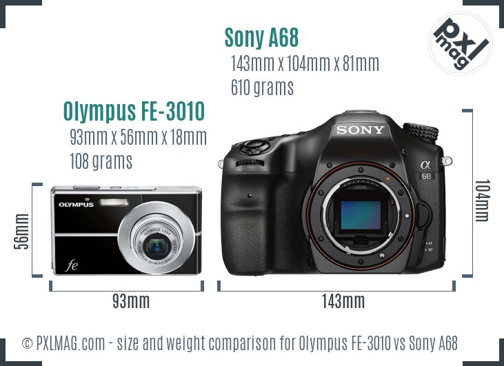 Olympus FE-3010 vs Sony A68 size comparison