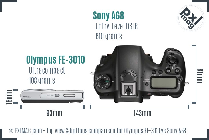 Olympus FE-3010 vs Sony A68 top view buttons comparison