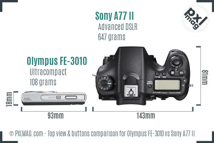 Olympus FE-3010 vs Sony A77 II top view buttons comparison