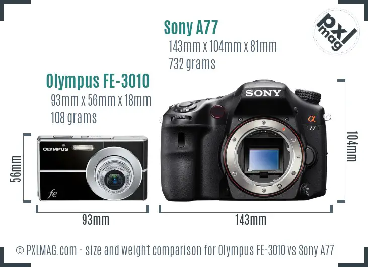 Olympus FE-3010 vs Sony A77 size comparison