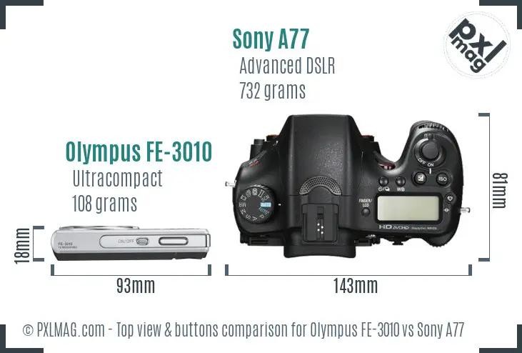 Olympus FE-3010 vs Sony A77 top view buttons comparison