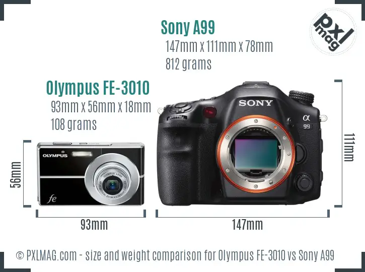 Olympus FE-3010 vs Sony A99 size comparison