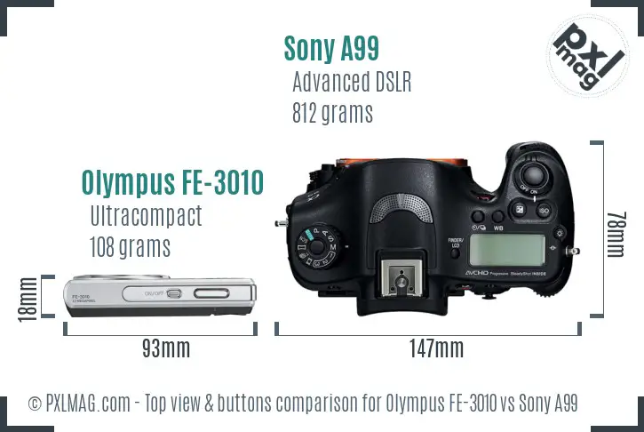 Olympus FE-3010 vs Sony A99 top view buttons comparison