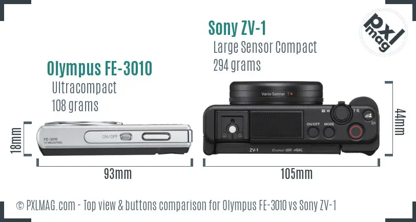 Olympus FE-3010 vs Sony ZV-1 top view buttons comparison