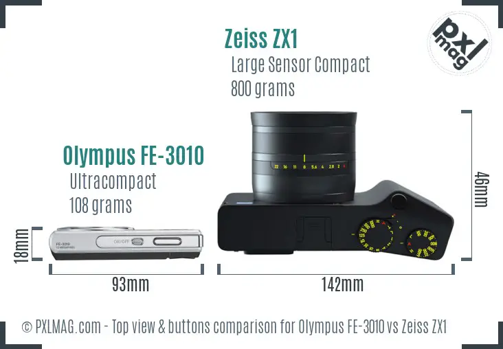Olympus FE-3010 vs Zeiss ZX1 top view buttons comparison