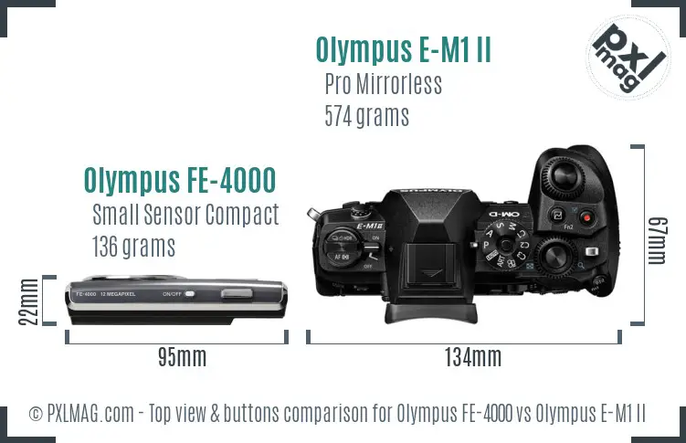Olympus FE-4000 vs Olympus E-M1 II top view buttons comparison