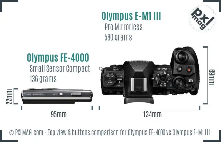 Olympus FE-4000 vs Olympus E-M1 III top view buttons comparison